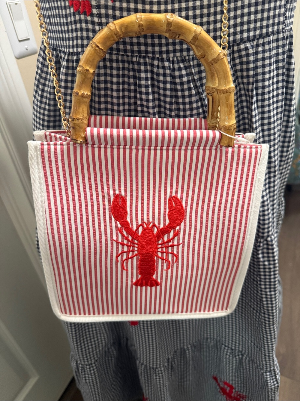Blue and White Gingham Dress with Red embroidered lobsters. And matching purse. - Picture 6 of 12
